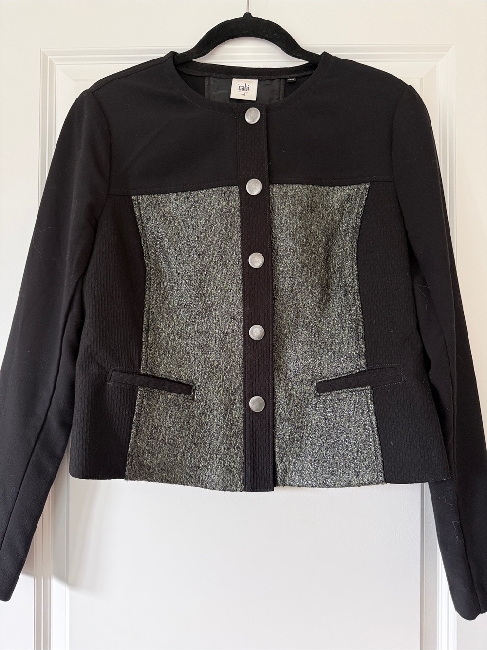 CAbi Media Black Jacket with Green Metallic Tweed Front Panels Size Medium